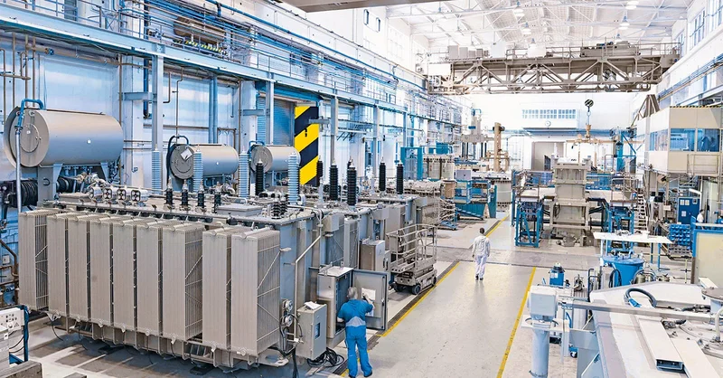 industrial factory in mechanical engineering for the manufacture of transformers - interior of a production hall